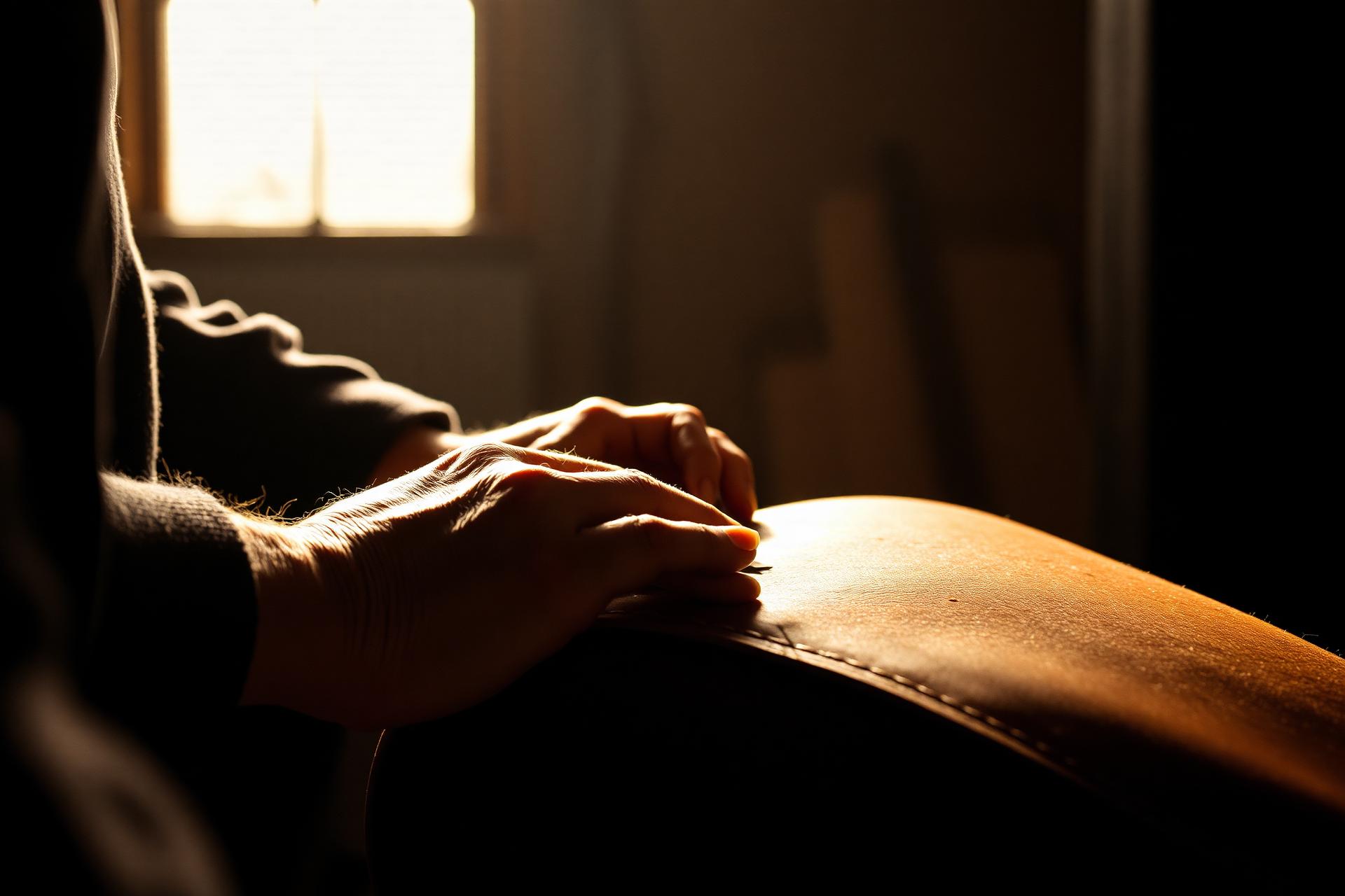 A master saddle maker's hands working leather in a sunlit workshop